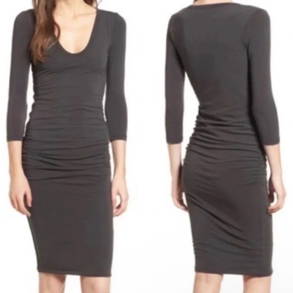 JAMES PERSE Gray Ruched Long Sleeve Midi Dress Size 2 Medium - Picture 1 of 5
